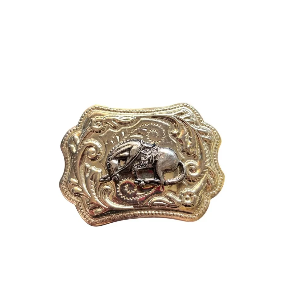 Western‎ Belt Buckle Gold Silver Tone Saddled Horse Floral Scroll Made in HK